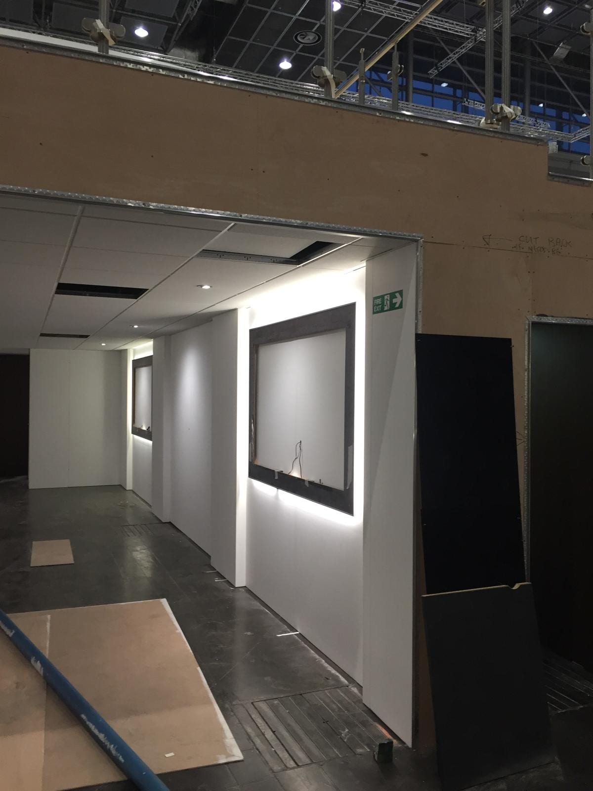 Partition walls and doorways formed in the stand hospitality area