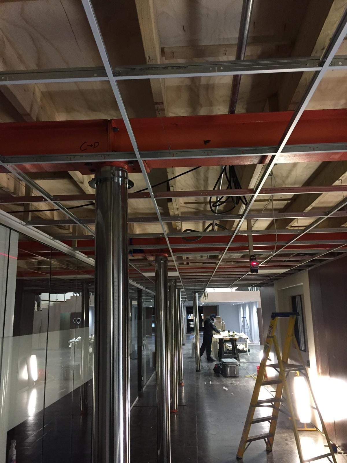Steelwork and ceiling grid over the main stand corridor