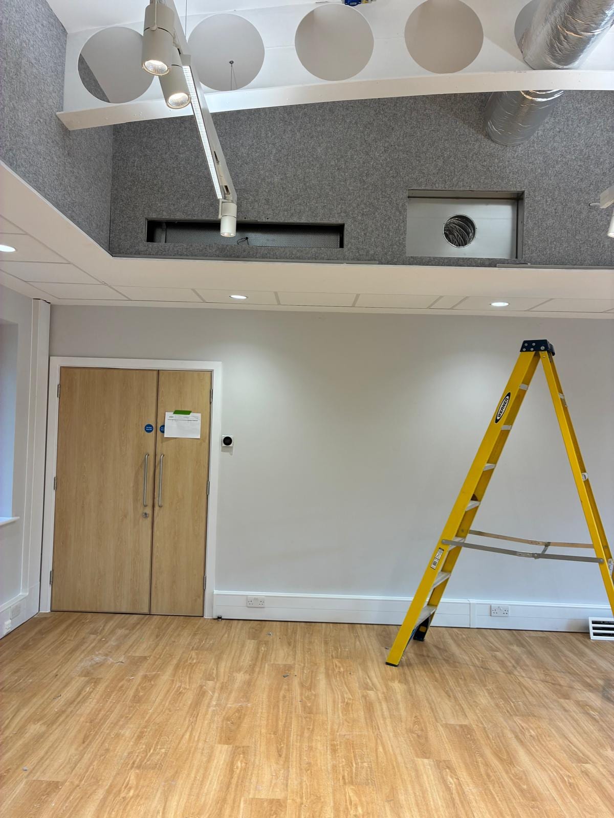 Finished acoustic ceiling with circular discs above a timber door and plain painted walls