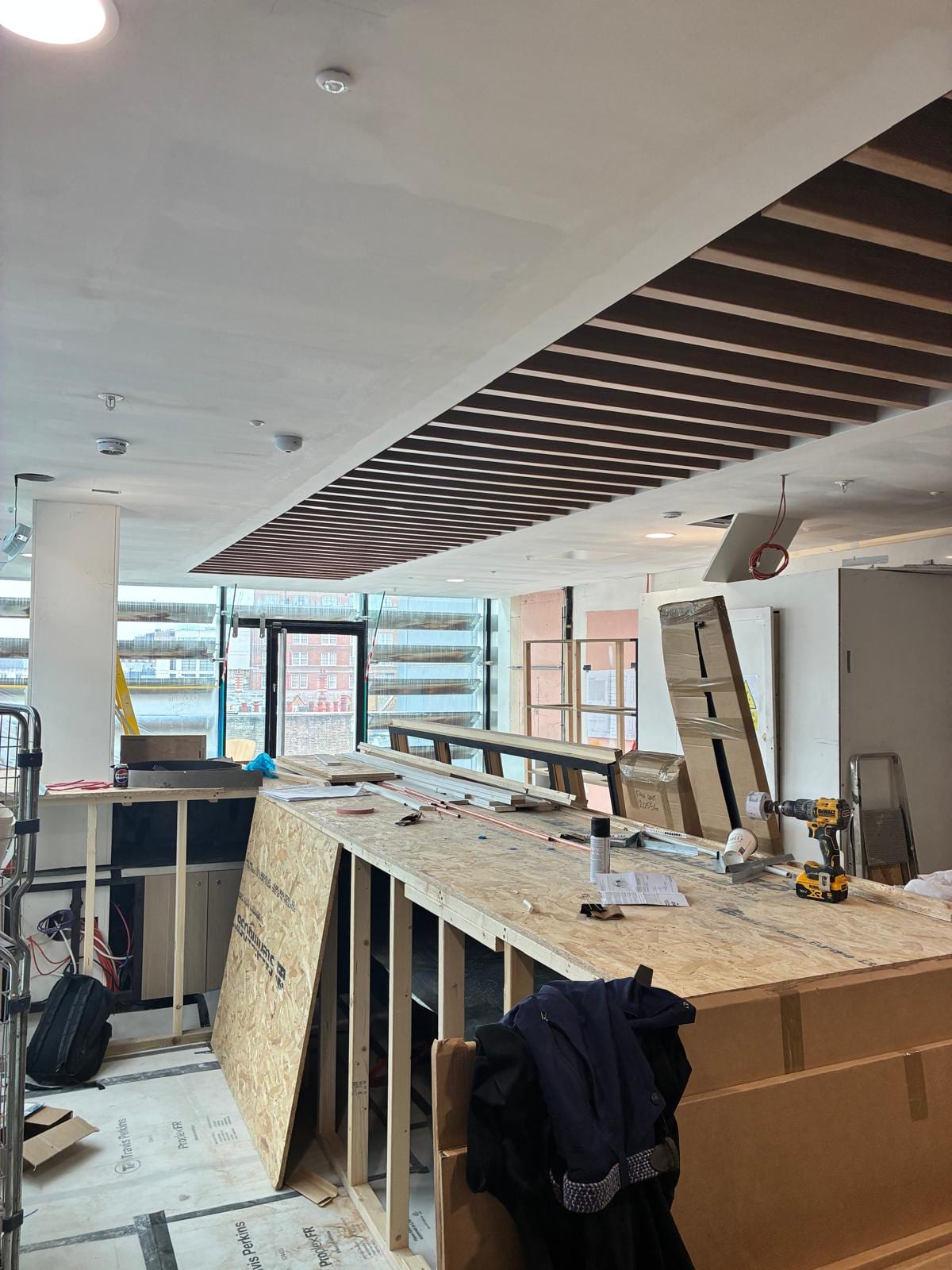Counter carcass and timber baffle ceiling during the fit out