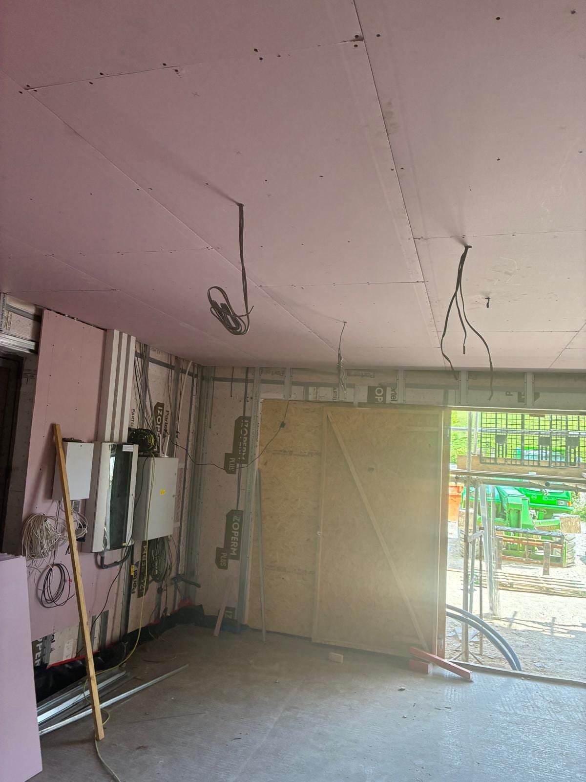 Metal stud partitions and services with the consumer units on the wall